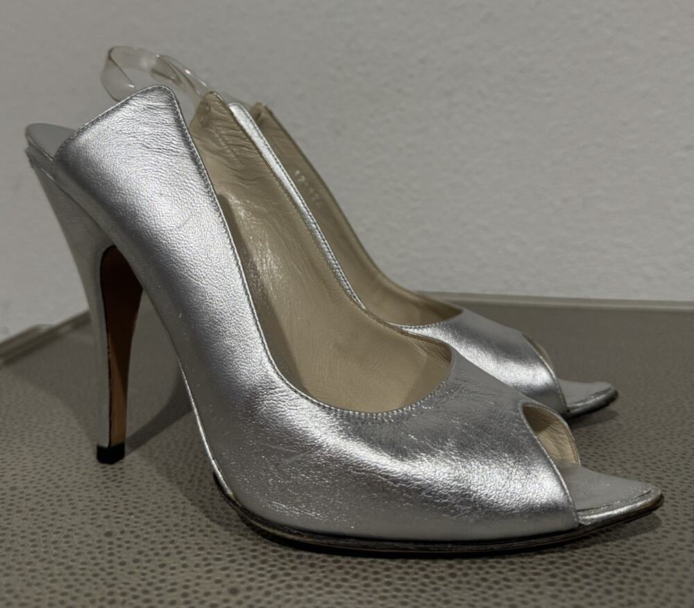 GUCCI size 8B metallic SILVER calfskin leather PEEP TOE sling VTG S/S 2003
